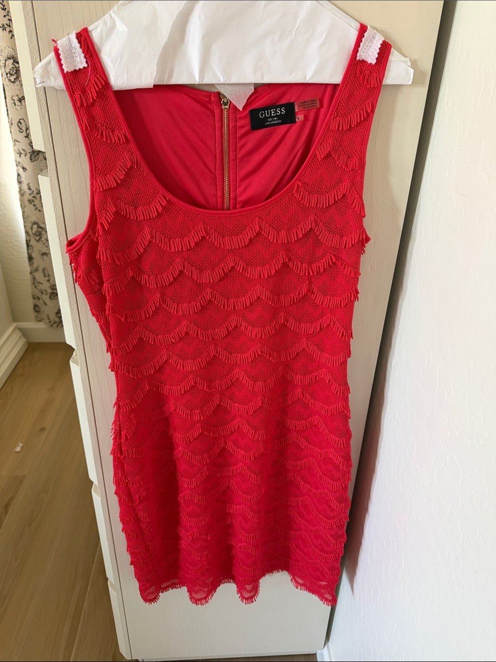GUESS Red Fringe Lace Mini Dress
